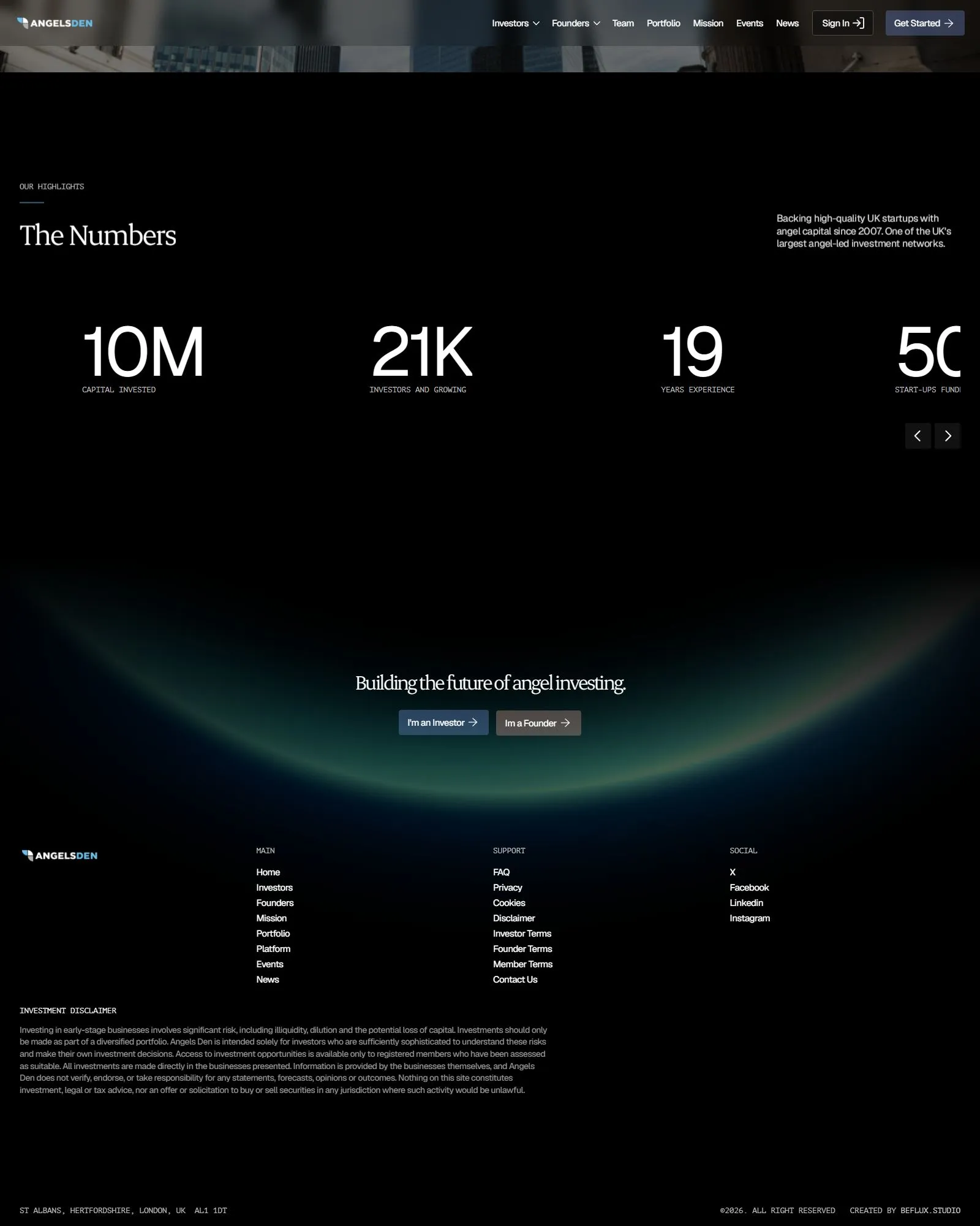Angels Den investor platform interface detail - front-end design and engineering by BeFlux Studio