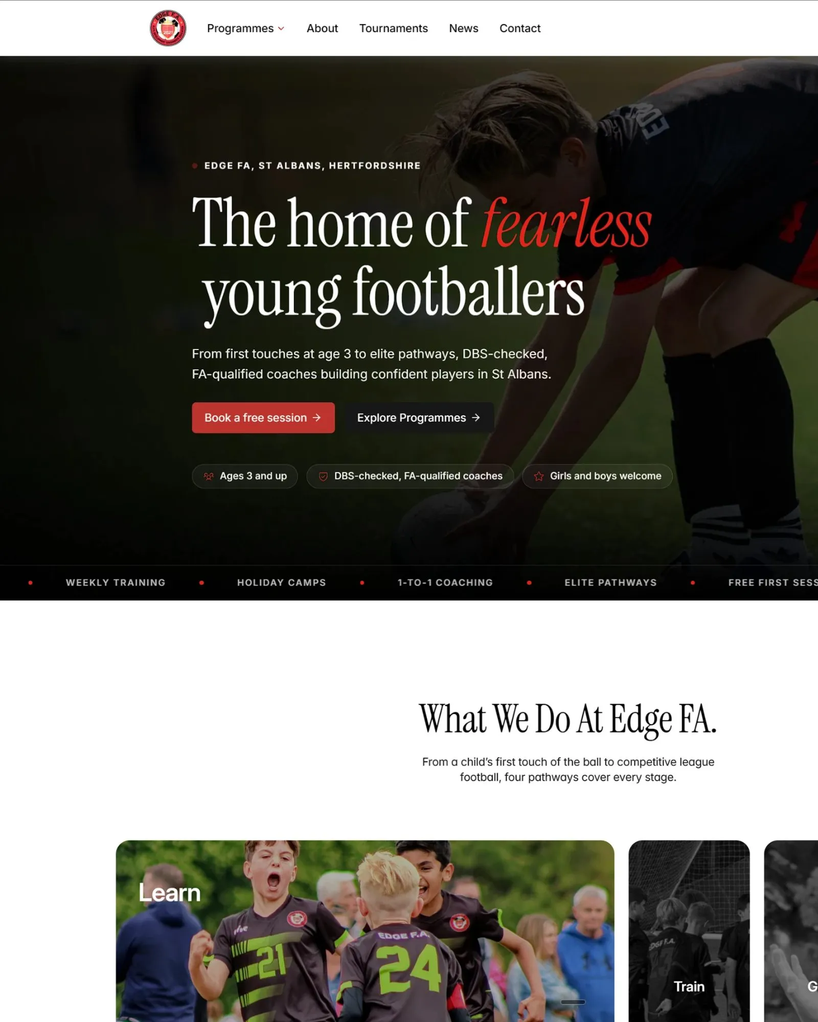 Edge FA youth football academy homepage - The home of fearless young footballers - website design and build by BeFlux Studio