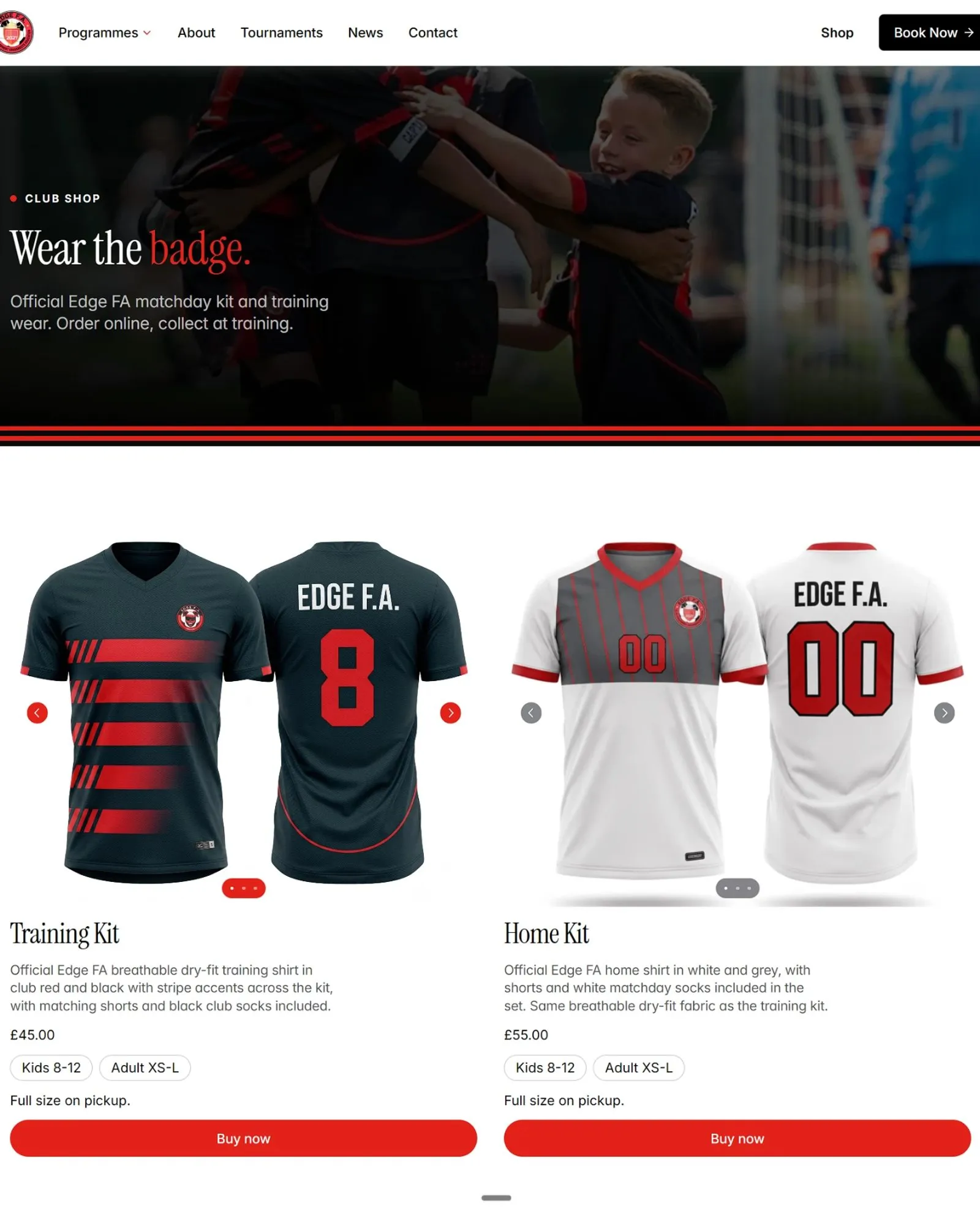 Edge FA club shop page - matchday kit and training wear - website by BeFlux Studio