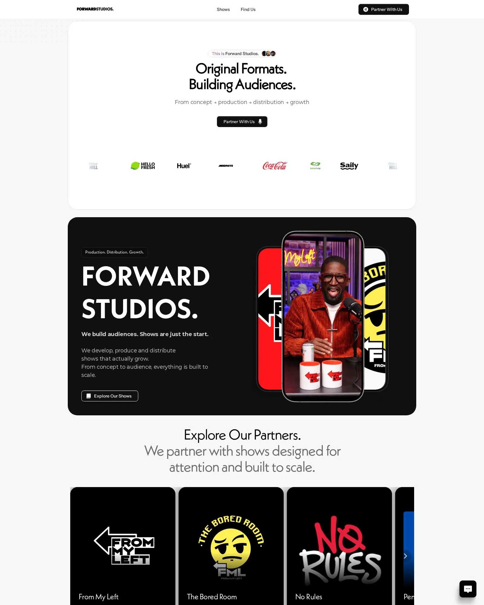 Forward Studios entertainment website homepage - Original Formats Building Audiences - design and engineering by BeFlux Studio