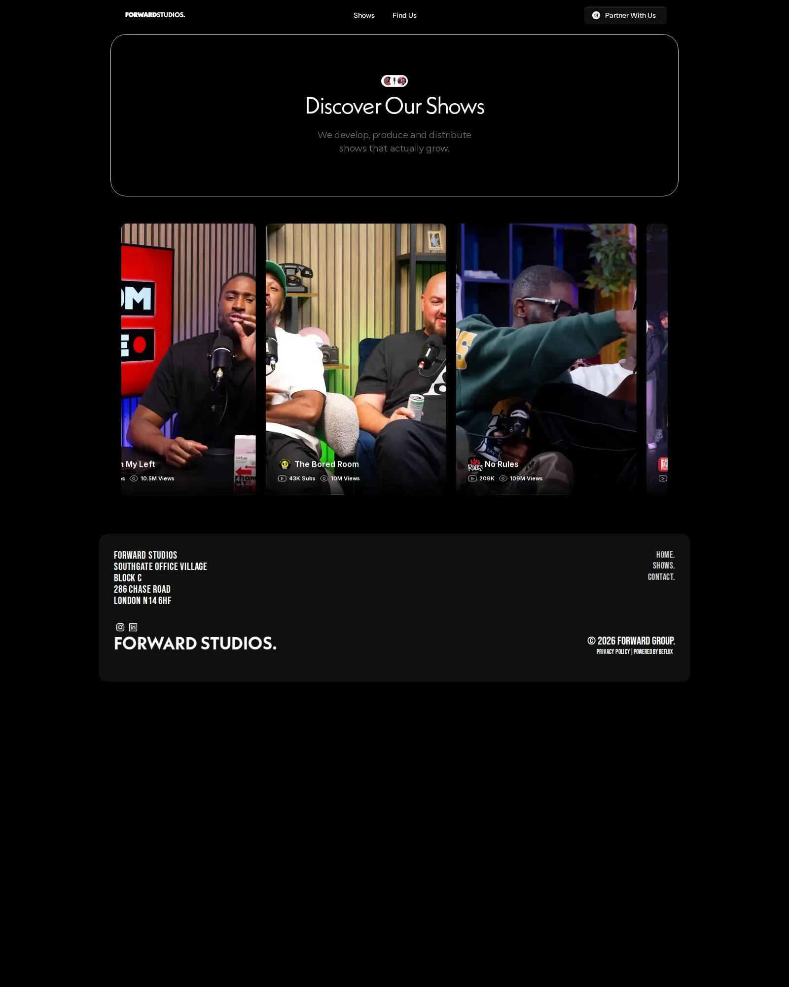 Forward Studios shows page - media website design and build by BeFlux Studio